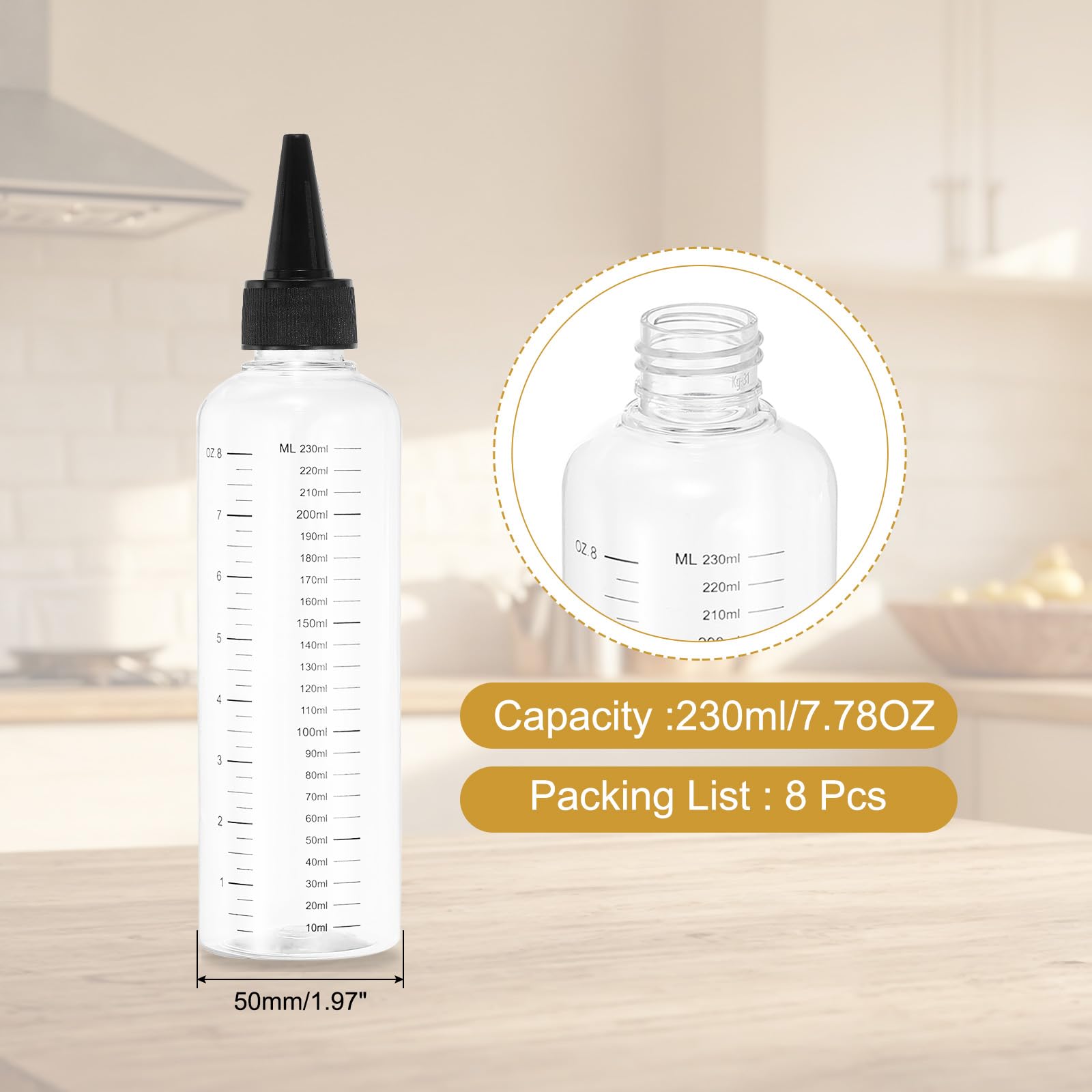 PATIKIL 230 Ml/8 oz Bottiglie Spremiplastica con Tappo Nero, 8 Pz Bottiglia di Erogazione Rotonda Graduata Vuota Bottiglia Puntuta per Liquidi, Artigianato, Oli, Condimenti, Trasparente