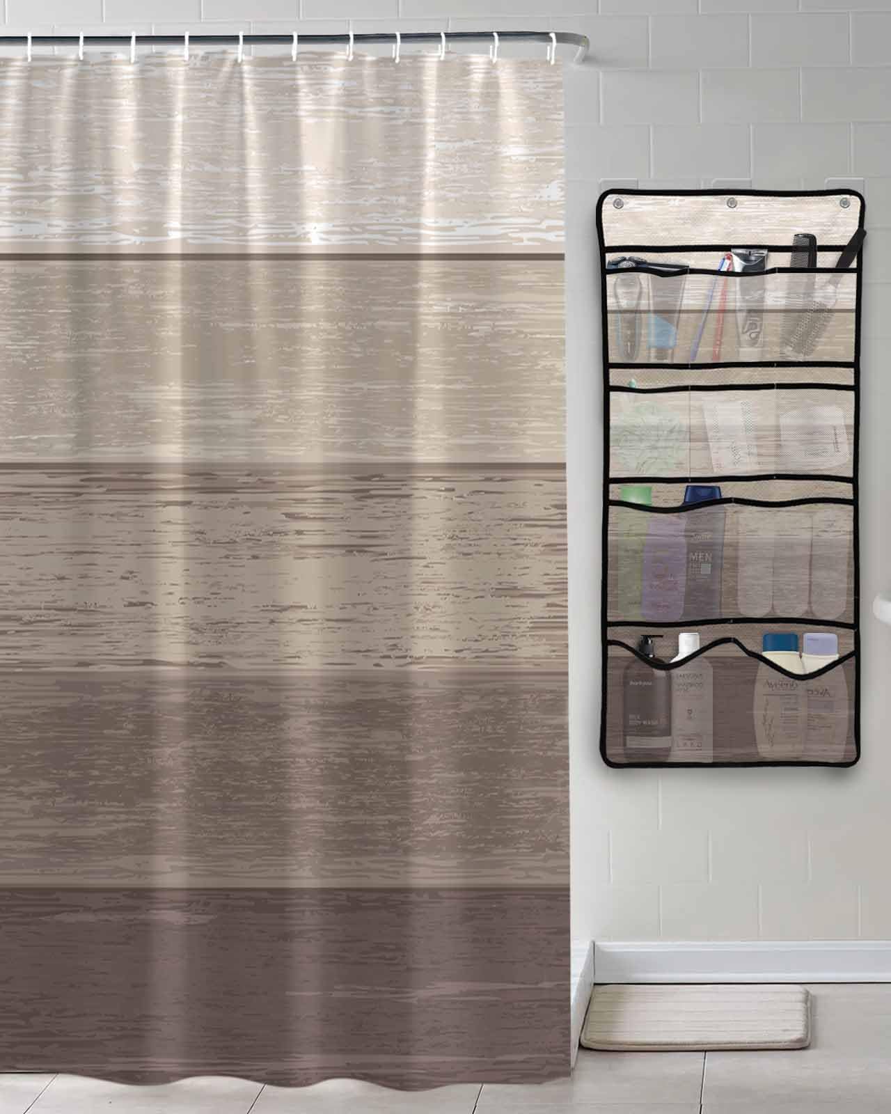 TocaHome Decorative Shower Curtain Sets Ombre Brown Polyester Fabric Waterproof Bath Shower Curtains Vintage Wood Grain Gradient Mesh