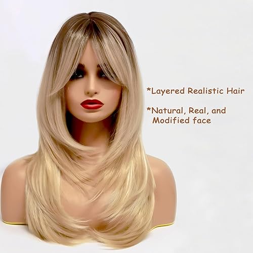Miniatura 2 de Peluca larga rubia ombré para mujer, con flequillo, peluca en capas, longitud al hombro, resistente al calor, pelucas sintéticas para mujeres con