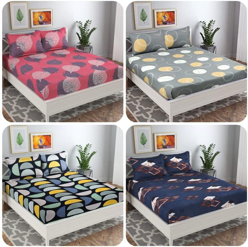 VAS COLLECTIONS Prime Combo Pack of 4 Double Bedsheets with 8 Pillow Covers | 160 TC Soft Brushed Glace Cotton -Long Lasting & Wrinkle Free - | 225X228 Cm Or 7.5X7.5 Ft-Grey & White