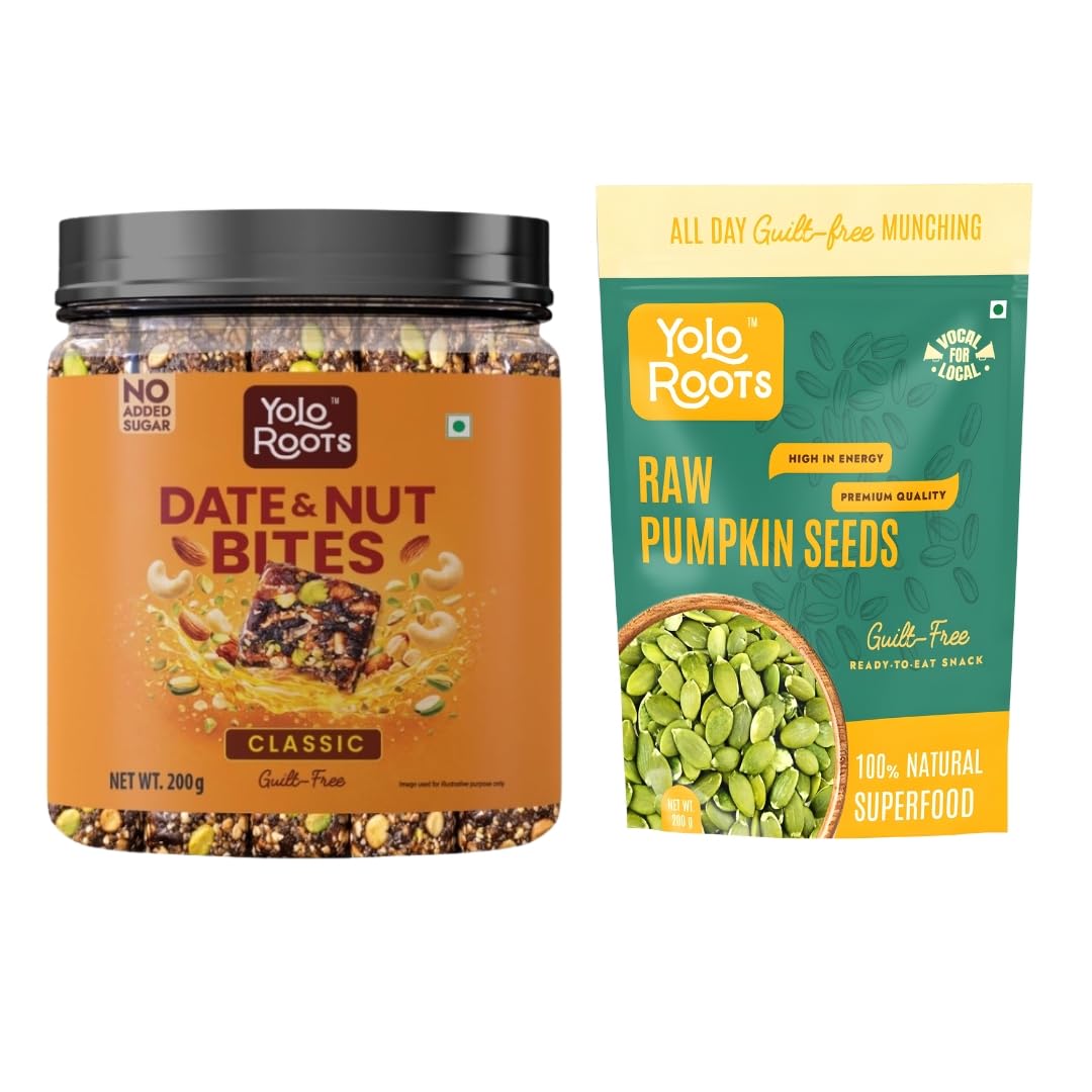 Yolo Roots Date & Nut Bites Barfi 200g (10 Pieces) & Raw Pumpkin Seeds 200g Combo | Dates, Almonds, Cashews & Pista Sweet with Natural Pumpkin Seeds | Ready-to-Eat Snack Pack (Pack of 2)