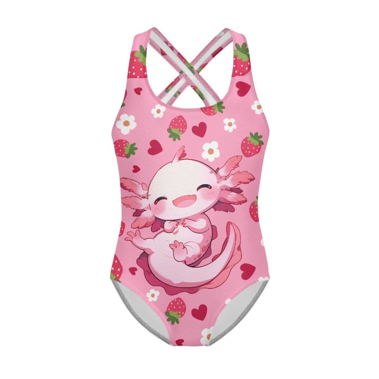 Girls One Piece Swimsuits Axolotl Cross Back Swimwear Beach Summer Quick Dry Beach Bathing Suit