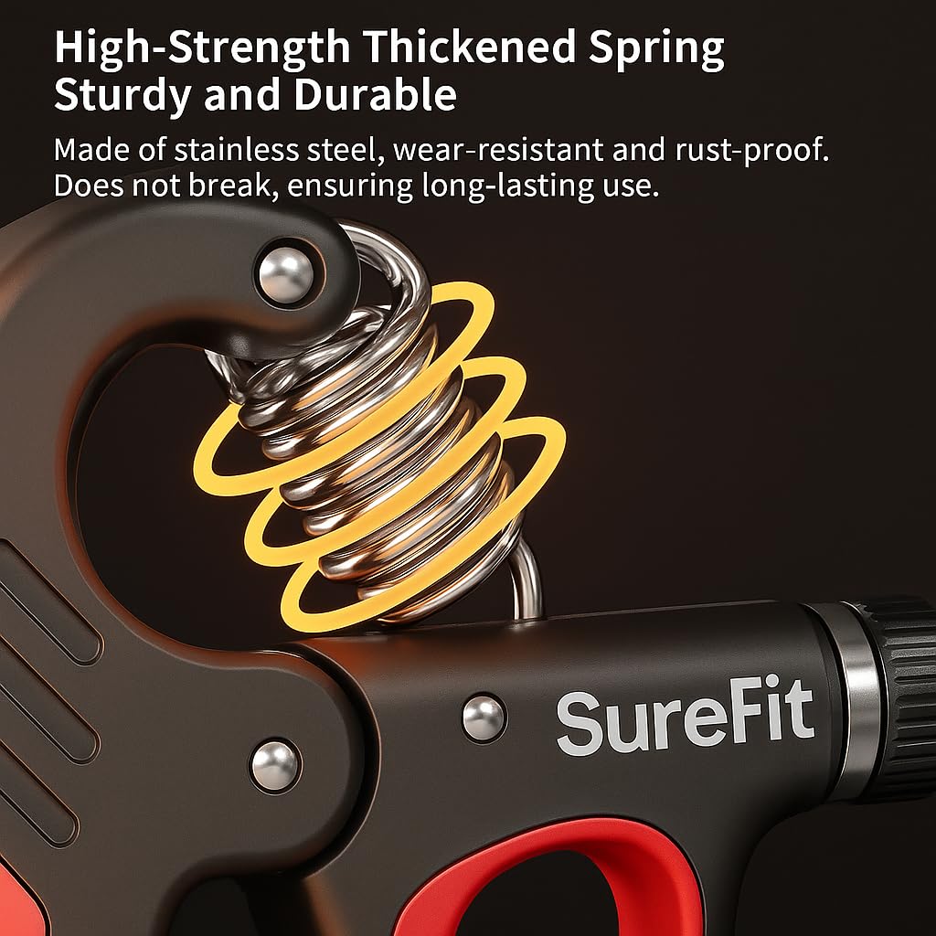 SUREFIT Adjustable Hand Gripper with Counter – 5–100 kg Resistance Hand Strengthener – ABS Plastic & Steel Spring – Black/Red – Standard Size 4