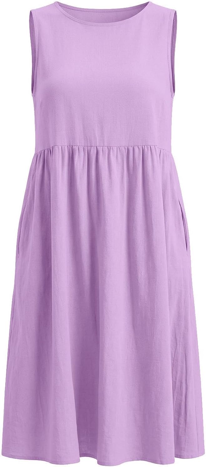 Women's Cotton Linen Sleeveless Midi Dress Round Neck Loose Fit Flowy Dresses Casual Vacation Summer Sundress 2026