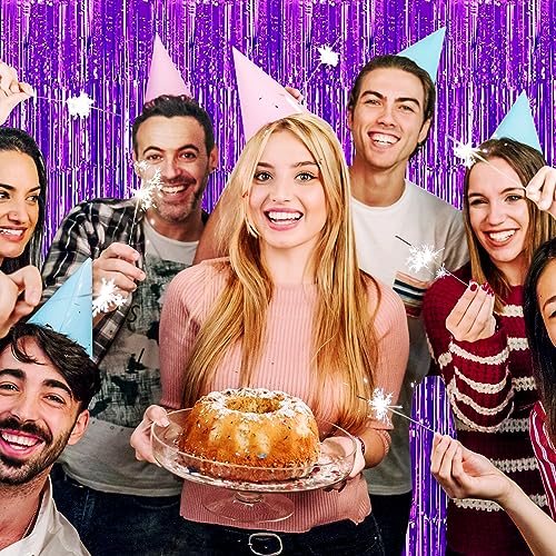 Image of 6 Pack Purple Foil Fringe Curtain Backdrop, 3.28Ft x 8.2Ft Metallic Tinsel Foil Fringe Streamer Curtains for Photo Booth, Christmas Day, Thanksgiving, Wedding, New Year Party Decorations