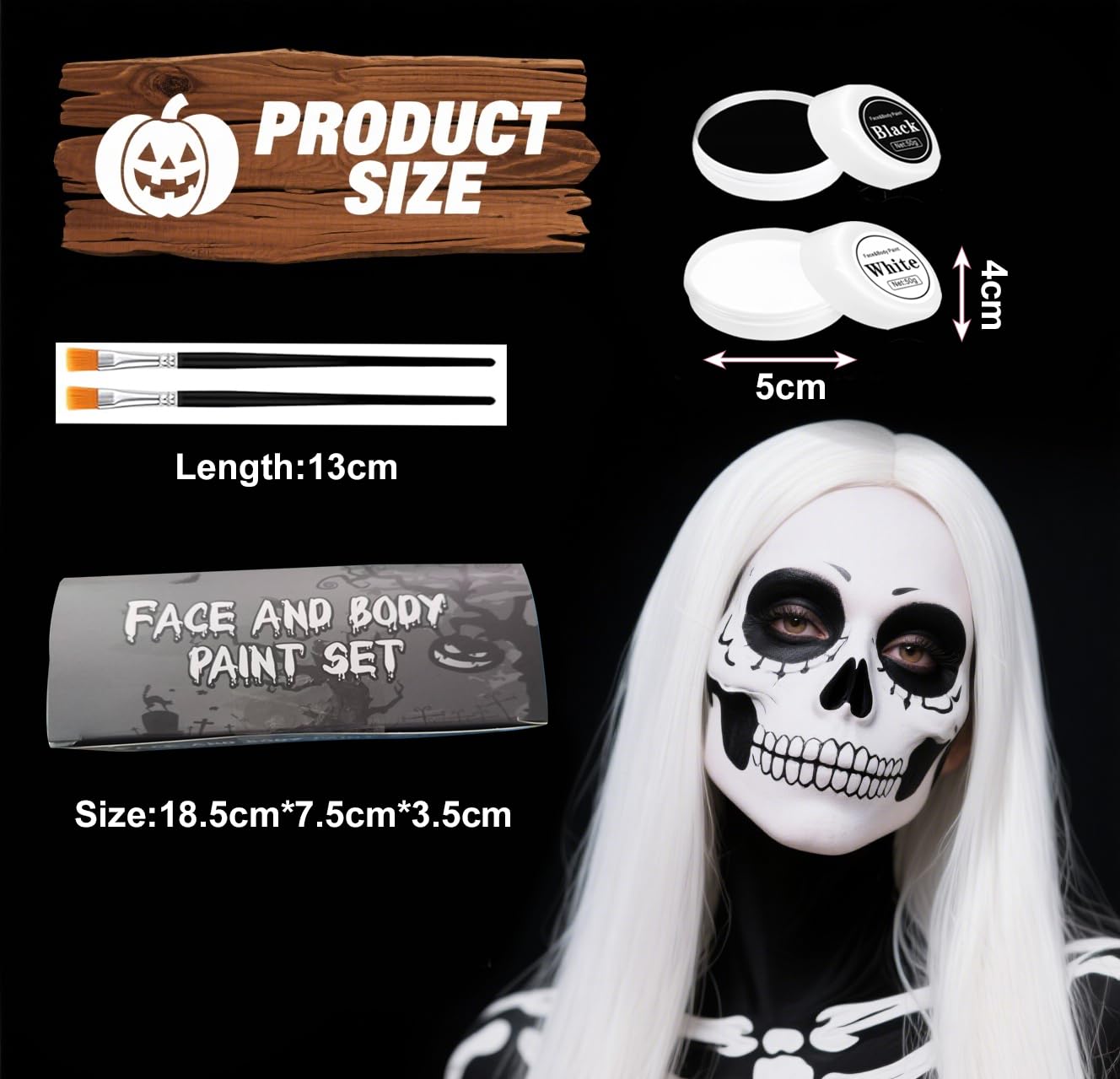 Halloween Make-Up Black and White, Special Effect Make Up Set, Vampire Zombie Skeleton Clown Make-Up, Body Painting Colours - Image 2