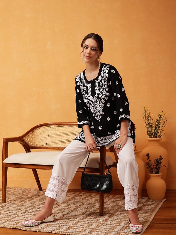 Image of Ada Women's Muslin Straight Fit Tunic Hand Embroidered Lucknowi Chikankari Straight Top Short Kurti A911420