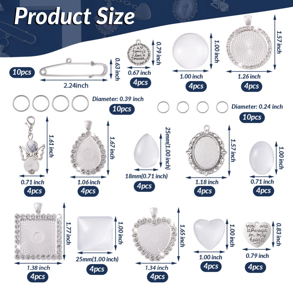 Fashewelry DIY Rhinestone Photo Charm Pin Brooch Making Kit Safety Pins with 1 Hole Memorial Picture Charm with Clear Glass Cabochons Dangle Charms Jump Ring for Wedding Bouquet