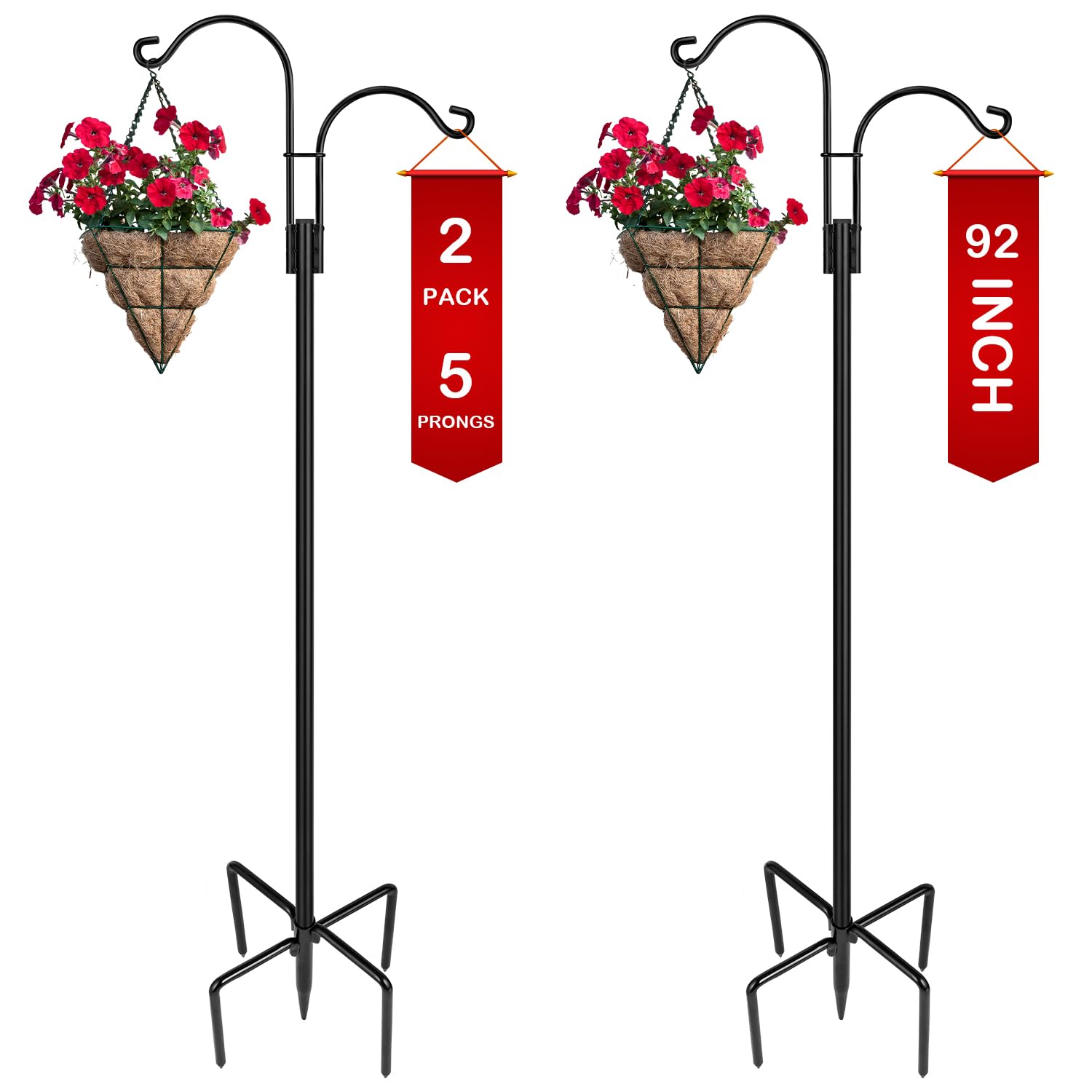 XDW-GIFTS Double Shepherds Hooks for Outdoor, 2-Pack Heavy Duty Garden Pole for Hanging Bird Feeder, Plant Baskets, Solar Light Lanterns, Garden Plant Hanger Stands with 5 Base Prongs