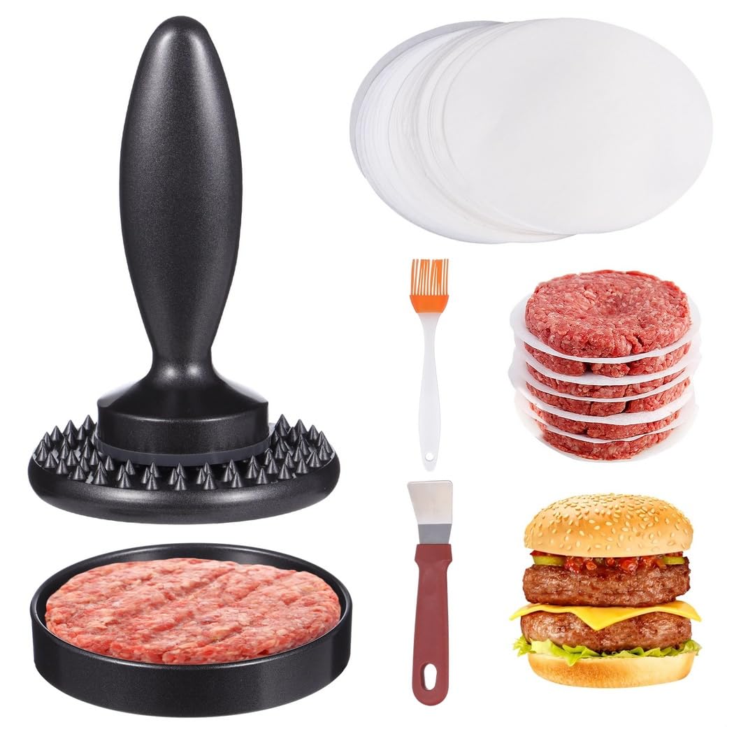 Hamburger Press with Accessories, Patty Maker with Brush, Spatula, Paper Sheets, Non-Stick Burger Mold, Dishwasher Safe, All-Metal Construction