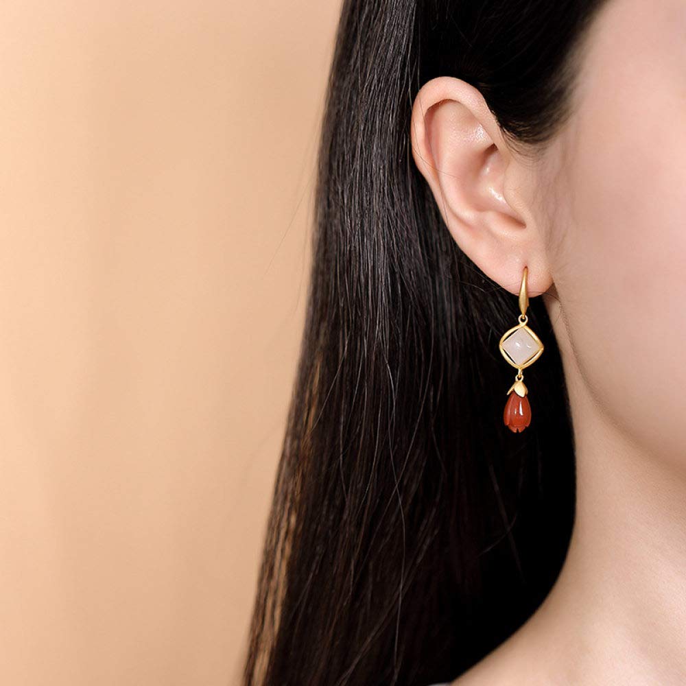 Vintage Largo Aretes De Plata Esterlina S925 Mujeres Ágata Roja Flor Magnolia Geometría Jade Blanco Encanto Elegante De Estilo Chino De Gama Alta De Temperamento Temperamento Don