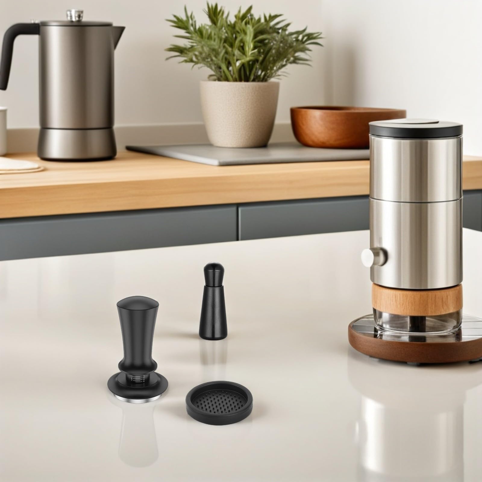 GALPADA Edelstahl Espresso Kaffeestampfer Satz mit Präzisem Dosierring und Nadelverteiler Silikonmatte Kompatibel mit Espressomaschinen Einfache Reinigung Schwarz