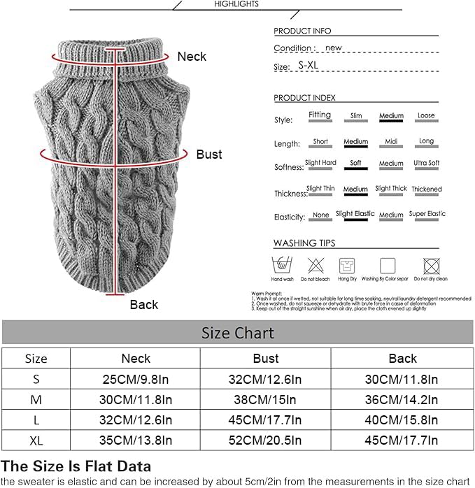 Hunde-Rollkragen-Strickpullover, Mantel, Winterwärmer, dicker Pullover, für kleine, mittelgroße und große Hunde, Welpen, Katzen, Größe M, Grau