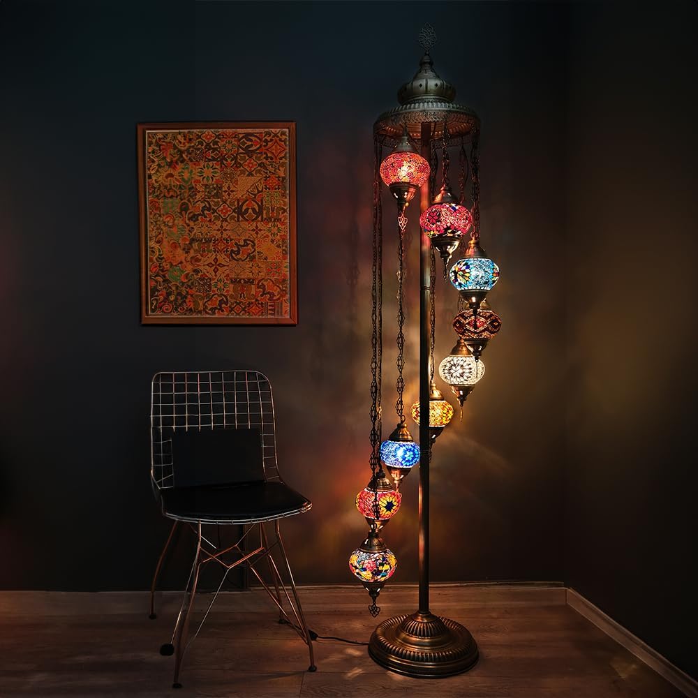 Asylove Turkish Lamp 9 Globe Mosaic Floor Lamp, Mosaic Standing Lamp, Moroccan Lamps, Floor Lamp for Decorative Home Designs Offer 5 inch Globe - Total Height 70 inch (Colormix)