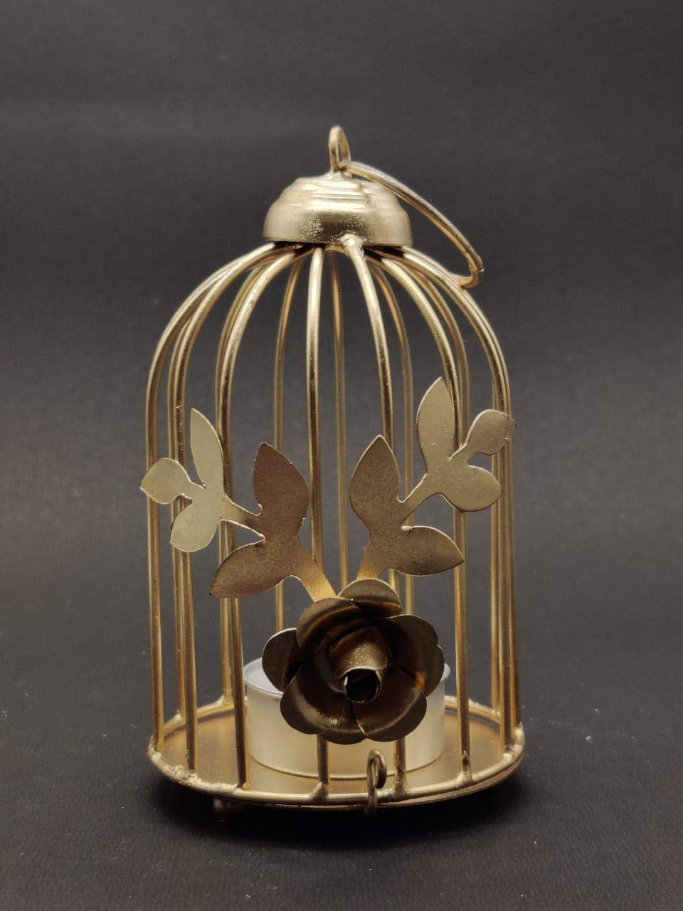 Parin Divisha Golden Cage Metal Iron Bird Cage Tea Light Holder with Flower Vine for Home Décor (Golden, Pack of 2) 1