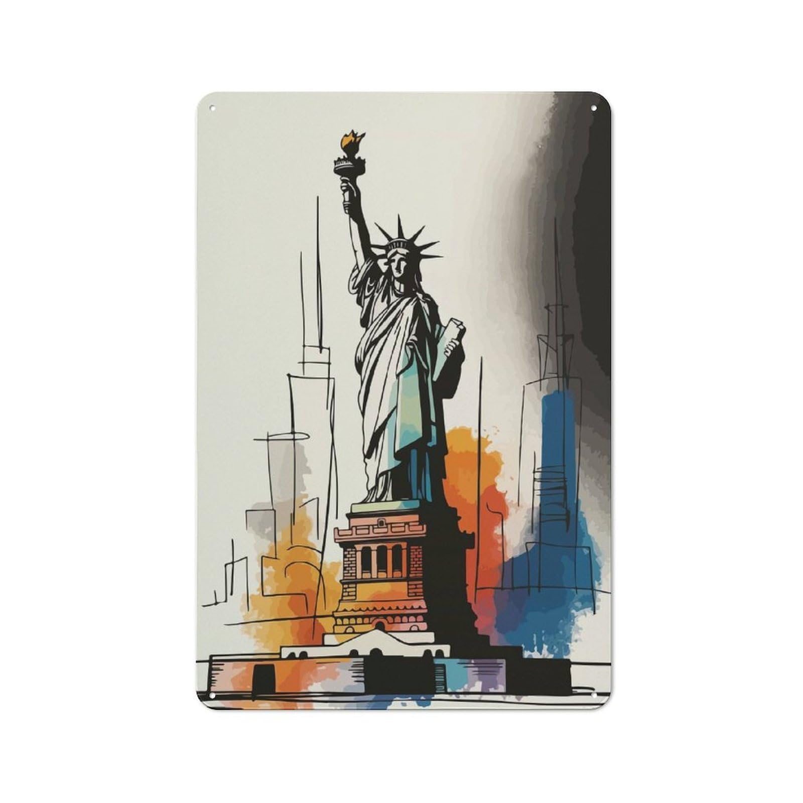 Junmoney Statue Of Liberty Watercolor Sketch 30X20cm Retro-Style Tin Sign With For Garage Or Workshop, For Vintage Wall Decor Fans, For Metal Sign Collectors