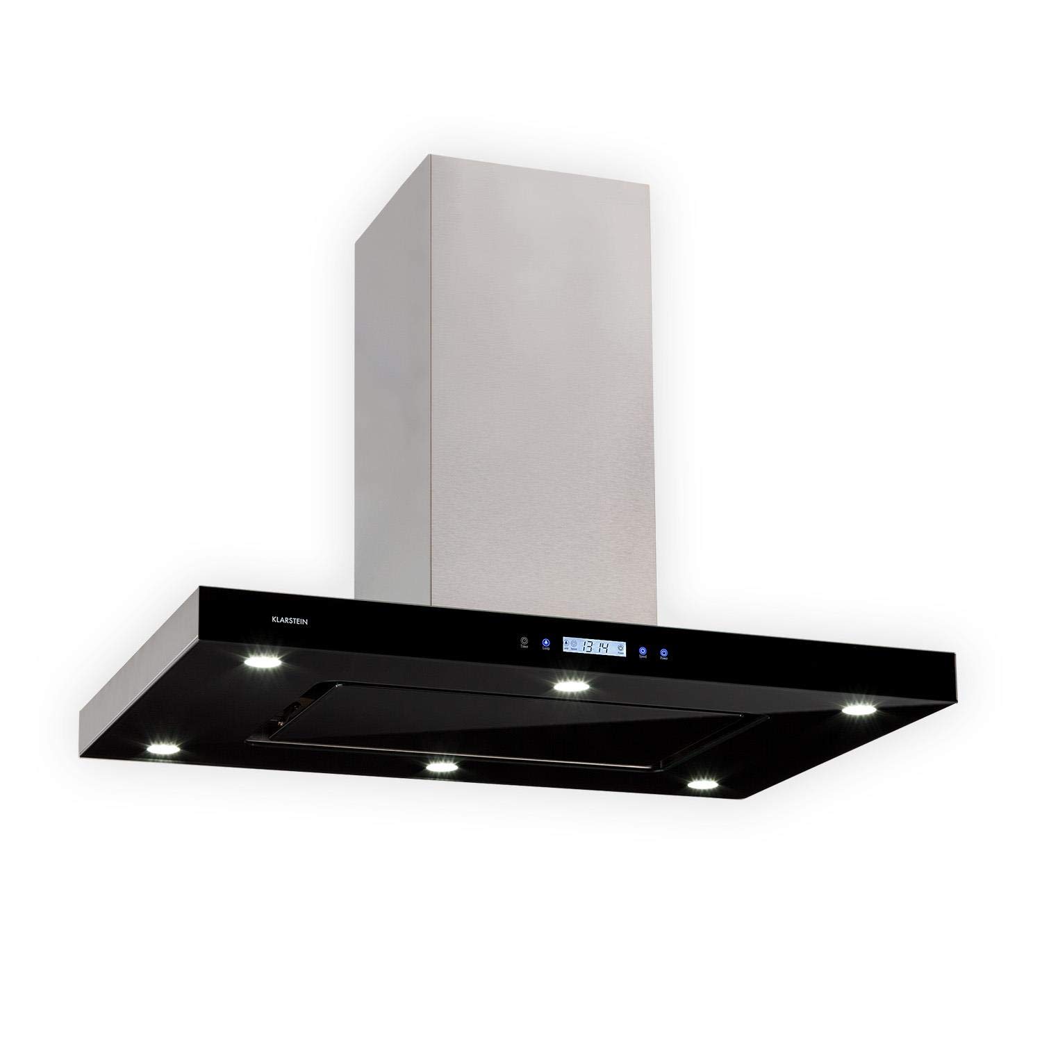 Klarstein Valeria Island Extractor Hood - Cooker Hood, Island Hood, 230W, Max.650 m³/h, 3 Power Levels, LED Lighting, Touch Panel, Glass, Stainless Steel, Economical, PureAmbience Concept, Silver [Energy Class A]