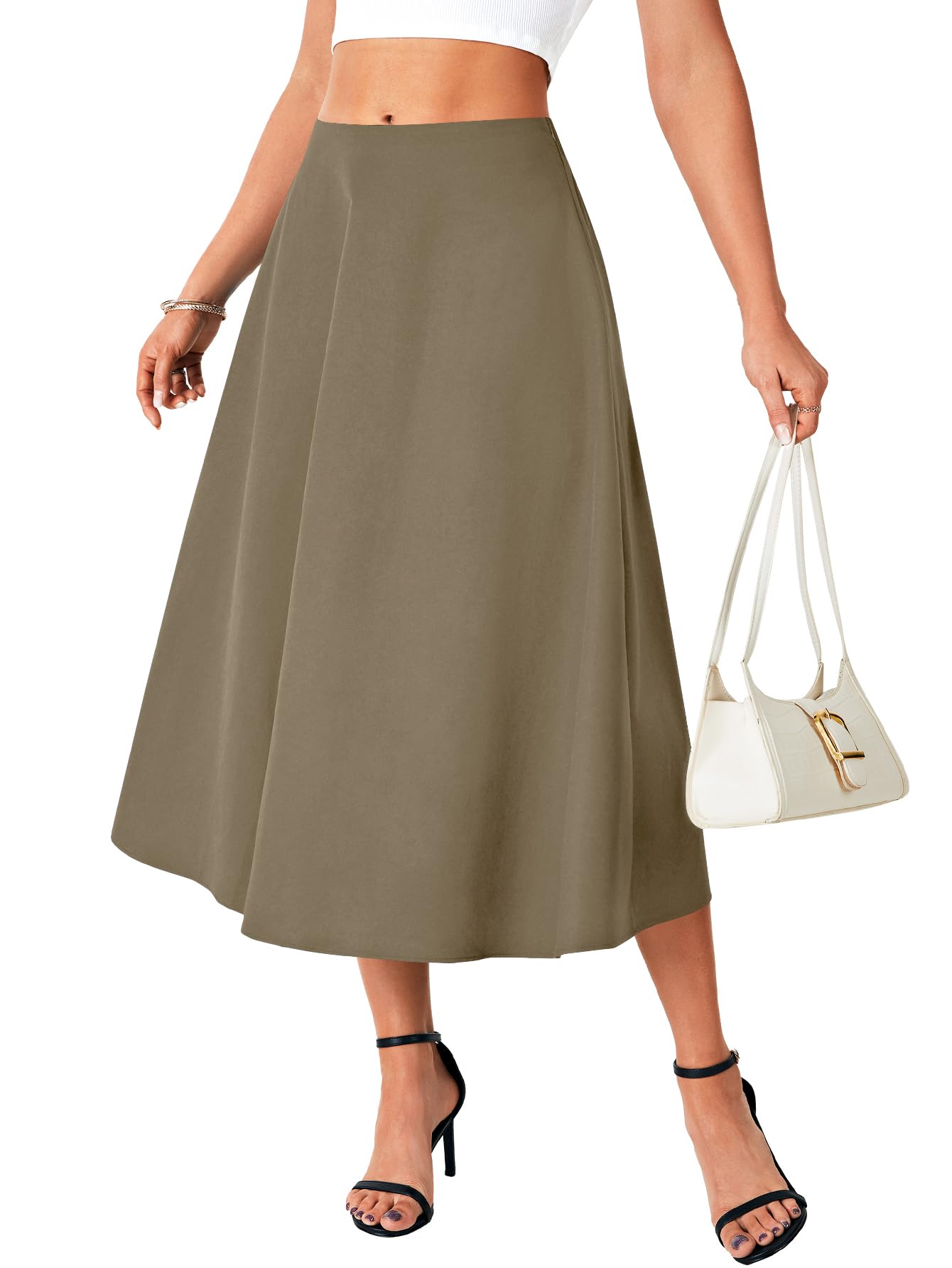 Rooscier Womens Basic High Waist Elastic Back Zipper Side Flare A-Line Midi Skirts