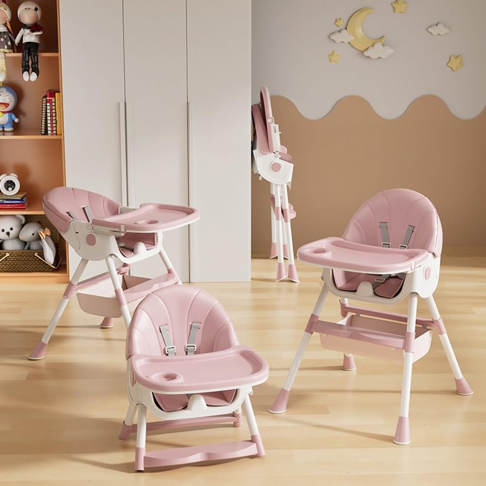 4 en 1 Chaise Haute Evolutive pour Bébés et Enfants, Chaise à Manger Confortable avec Hauteur en 2 Positions et Angles d'Inclinaison, Chaises Pliable Stable (Rose-blanc A)