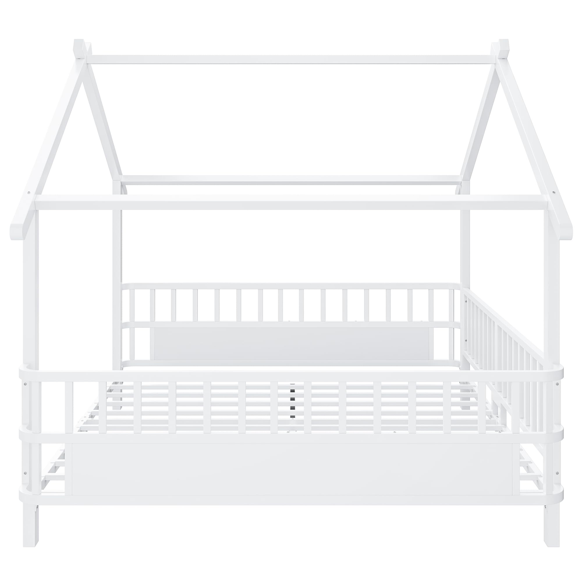 Merax Kinderbett aus Metall in Hausform 140x200 cm mit Sicherheitsgitter & Dachdesign – Weiß (Ohne Matratze)