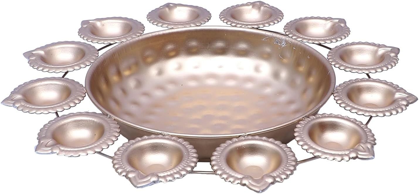 Two Moustaches Flower Design Decor Bowl with 12 Diyas, Urli for Home & Flower Decor, Housewarming & Diwali Gift, Golden, Pack of 1