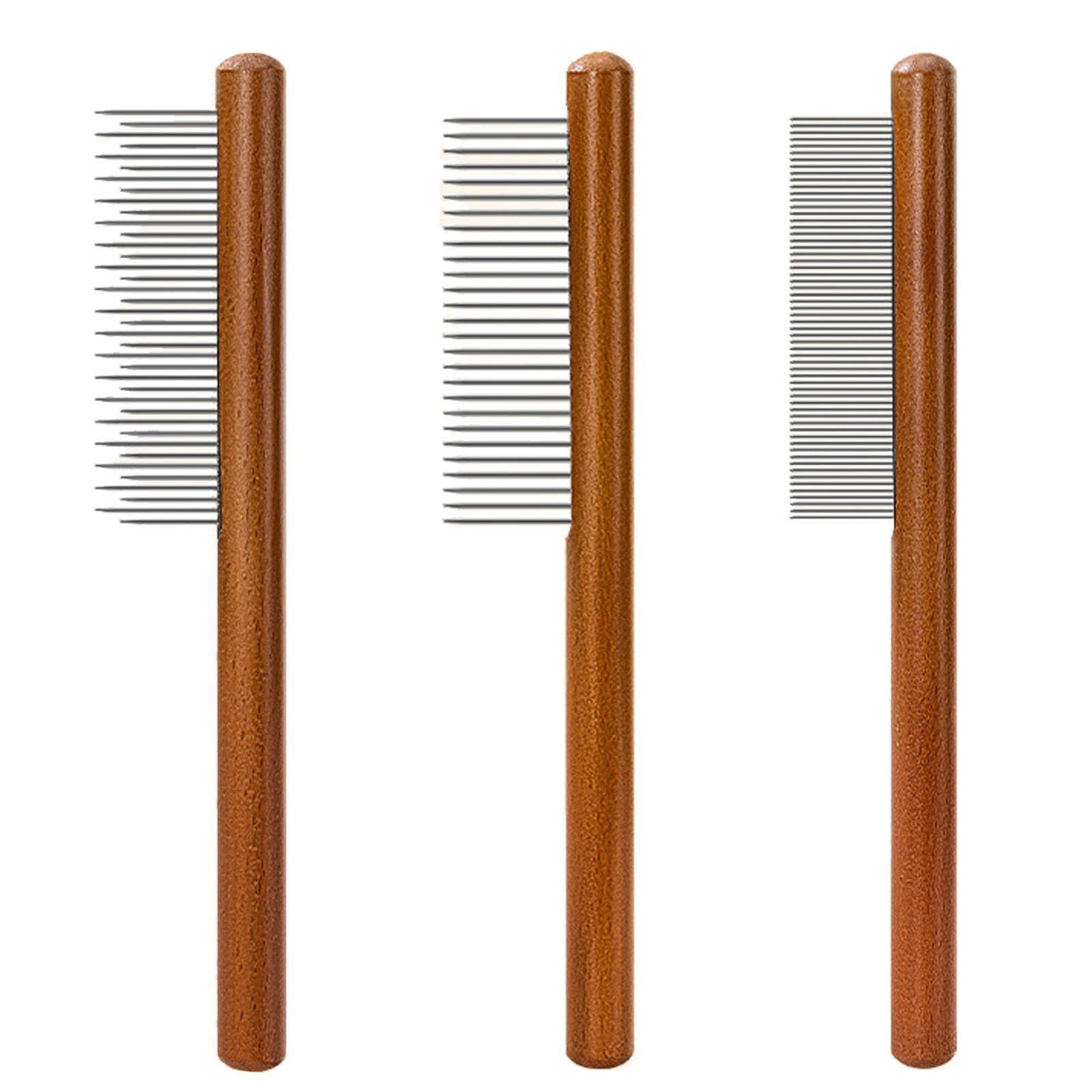 3Pcs Stainless Steel Pet Comb Durable Solid Wooden Cat Combs Rounded-Tip Teeth Pet Hair Comb Anti-Tangle Removes Knots Pet Grooming Comb for Removing Floating Hair