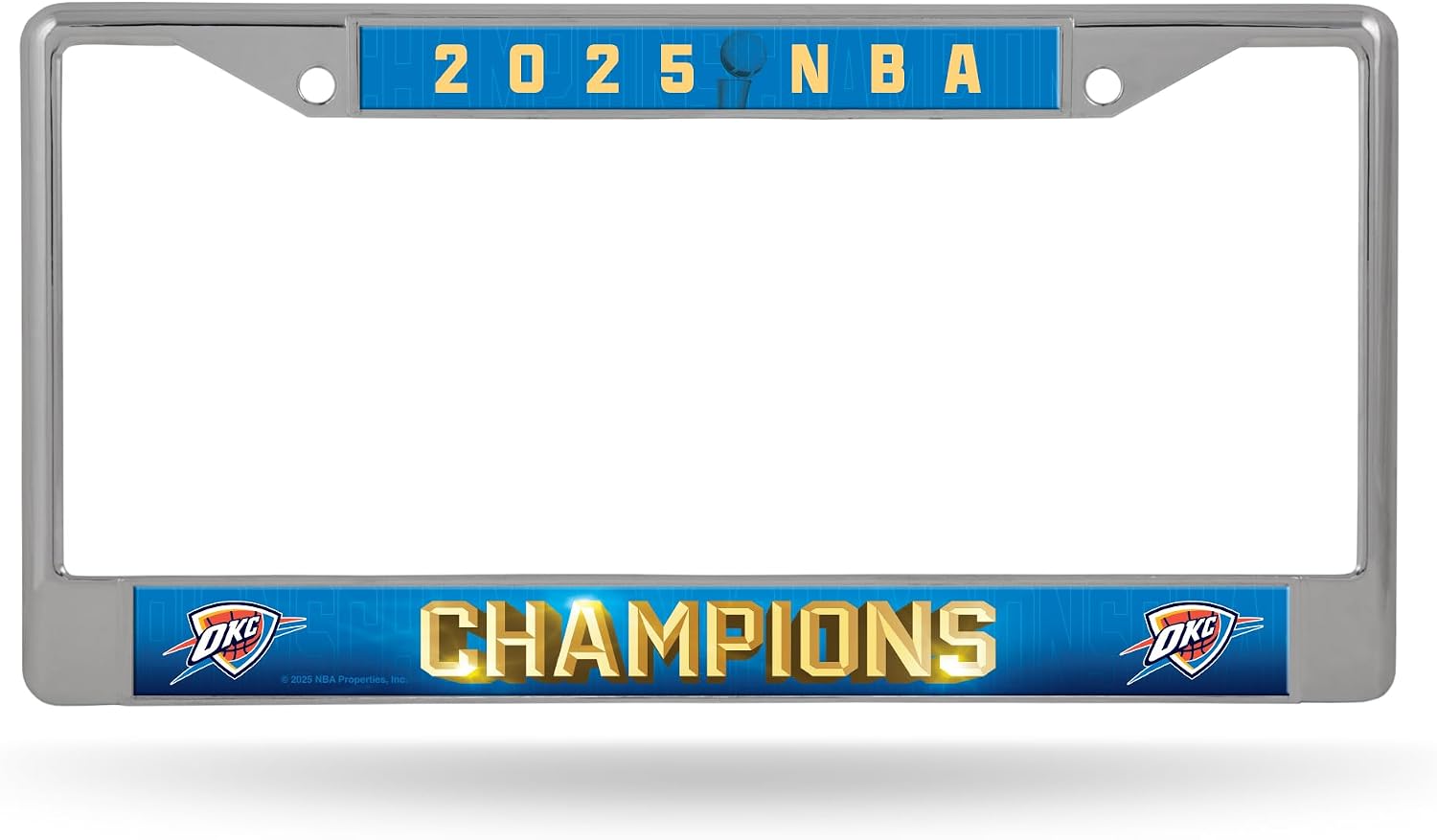 Rico Industries NBA Basketball Oklahoma City Thunder 2025 NBA Champions 12" x 6" Chrome Frame with Decal Inserts - Car/Truck/SUV Automobile Accessory