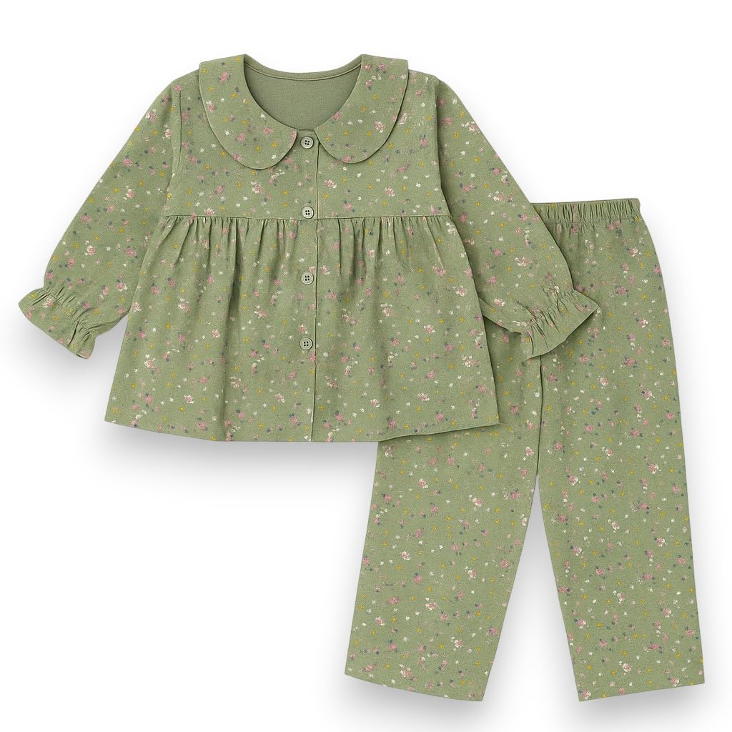 HuggleBug Kids Nightwear Set | Premium Soft Cotton Double Cloth | Button-Down Top & Pyjama | Breathable 2-Piece Sleepwear for Girls with Adorable Prints
