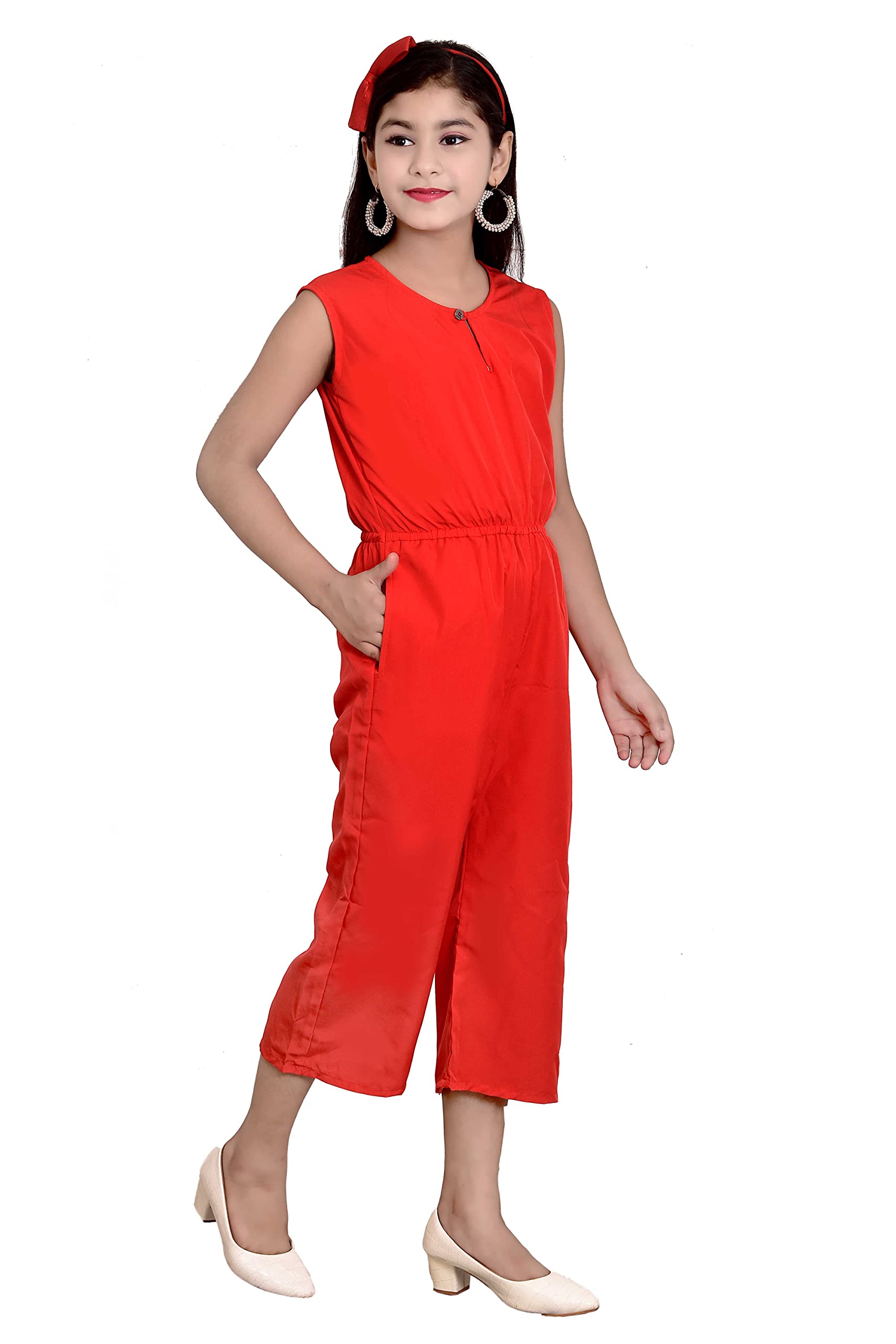 Arshia Fashions Girls Crepe Solid Jumpsuit, Red 1