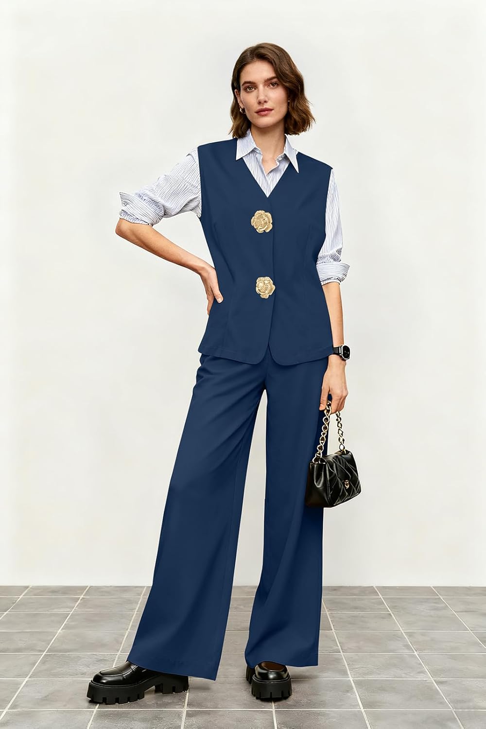 Womens 2 Piece Dressy Sets Straight Wide Leg Pants Slim Vest Business Suits Office Outfits for Women - Image 2