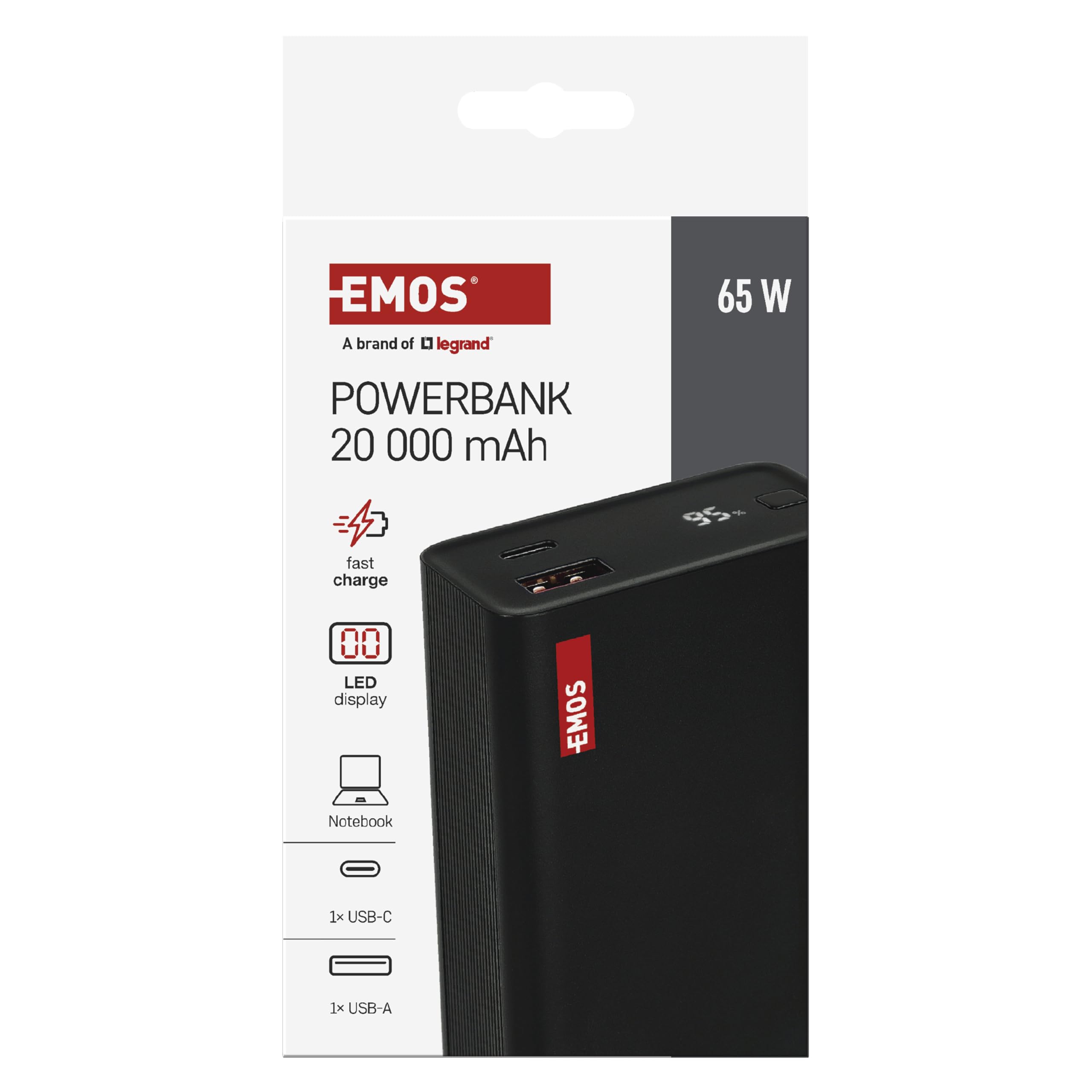 EMOS - Powerbank 20 000mAh NTBF20 - Batterie externe avec passthrough et charge rapide 65W PD - Port USB-C/USB-A avec câble de données USB - pour tablette, ordinateur portable, iPad, téléphone