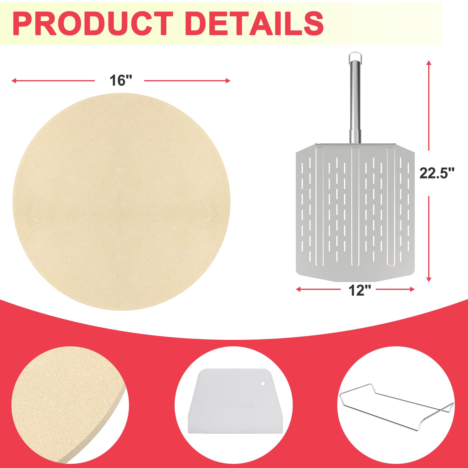 DcYourHome 40,6 cm runder Pizzastein mit Gestell für Ofen, BBQ, Grillen, natürlicher Cordierit Pizzastein Kit mit Pizzaschieber & Kunststoffschaber zum Backen von Brot, universeller