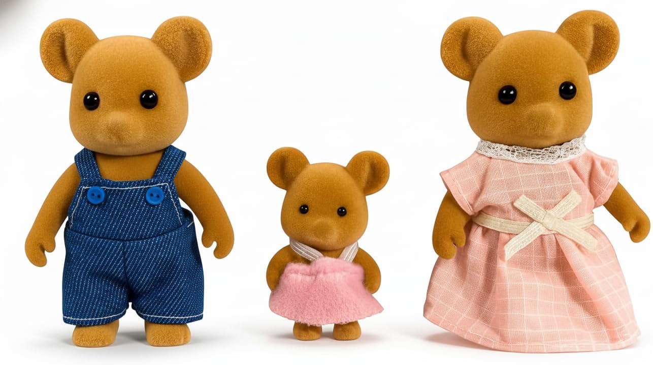 Family Brown Mouse Figures — Set of 3 Collectible Flocked Mini Dolls with Removable Clothes, Miniature Dollhouse Pretend Play Figures for Kids Ages 3+