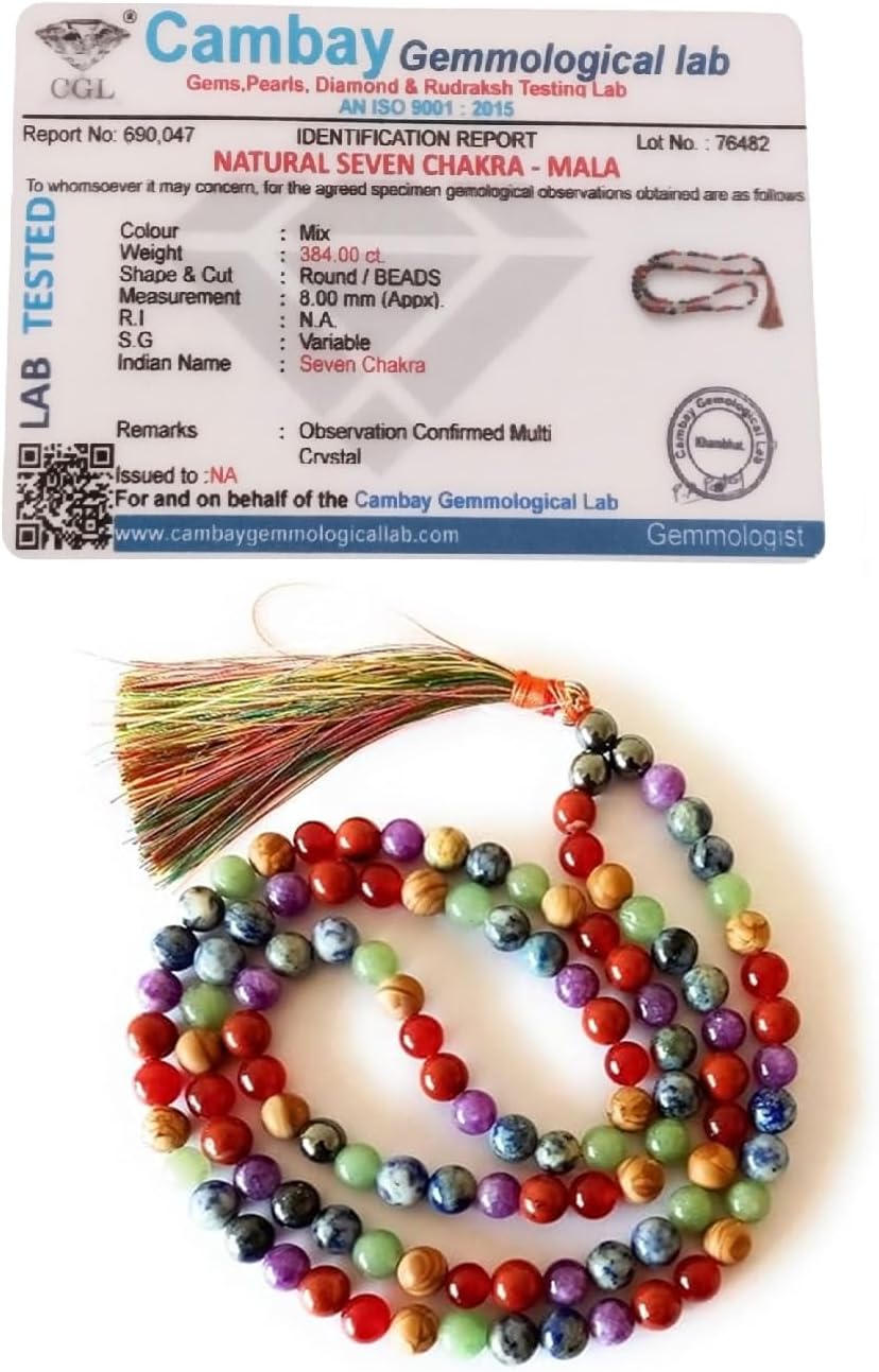 GEMTUB Handrafted Natural 7 Chakra Mala 8 MM Bead Size 108+1 beads 7 chakra Necklace 7 Chakra Jaap mala for Reiki Healing Crystal Healing Chakra Balancing Improve self Esteem for Men and Women