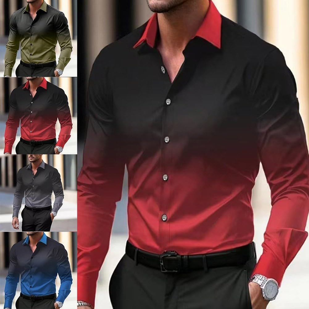 Camicia da uomo casual da lavoro con maniche lunghe e stampa 3D stile sfumato (3XL rosso)