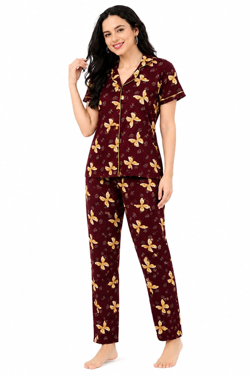 Women's Cotton Butterfly Print Button-Down Night Suit Set-image-47