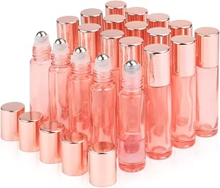 20Pcs 10ml/0.33 oz Pink Essential Oil Roller Bottle,Empty Glass Roll-On Vials with Stainless Steel Roller Ball,Rose Gold Lid,Glass Roller Bottle for Oil Blends,Perfume-Opener&Dropper Included
