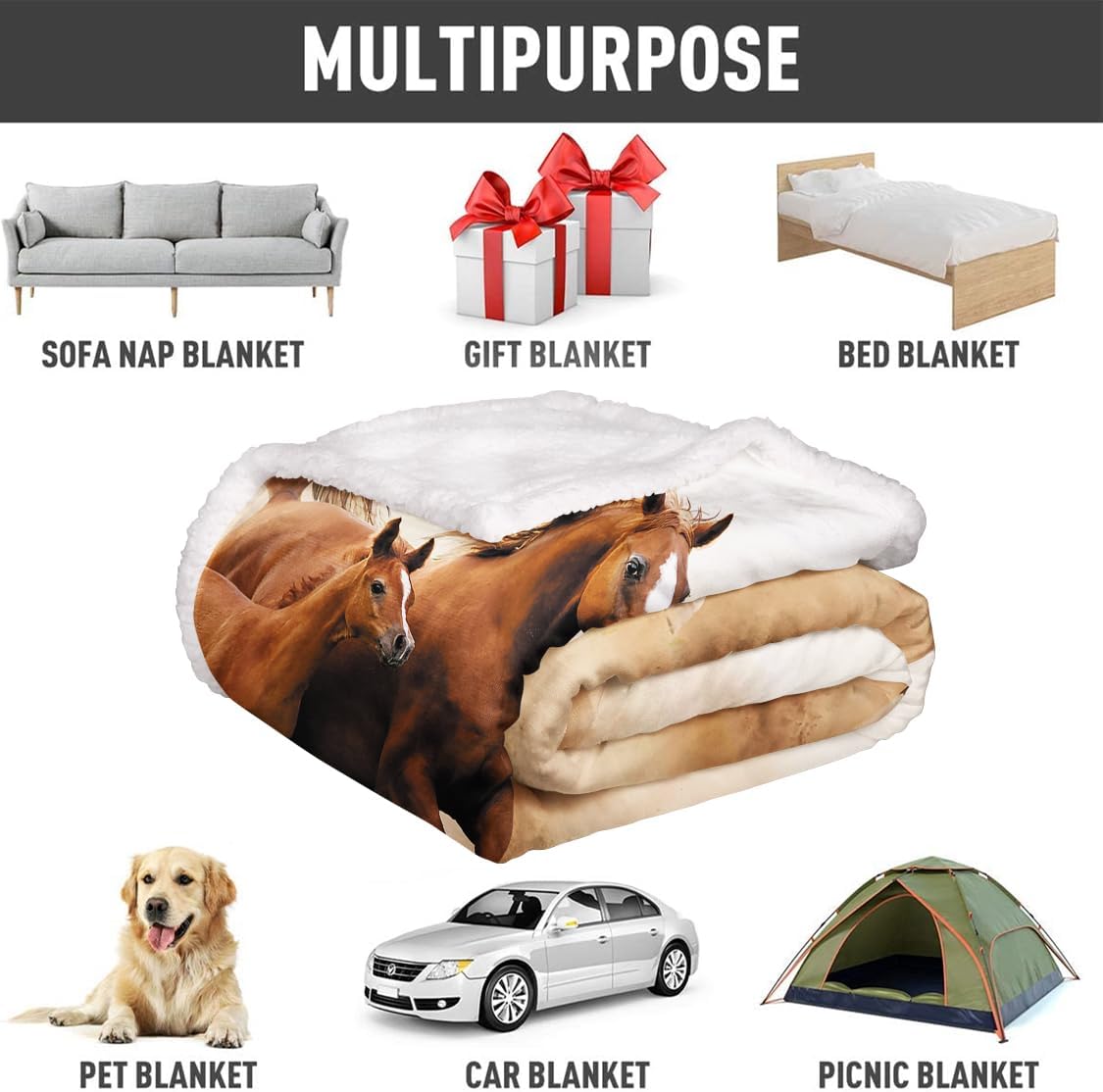 SXCHEN Horses Sherpa Fleece Blanket Throw for Couch Bed, 60 x 80 inches Thick Blankets for Winter, Galloping Animal Throws Gifts for Horse Lovers