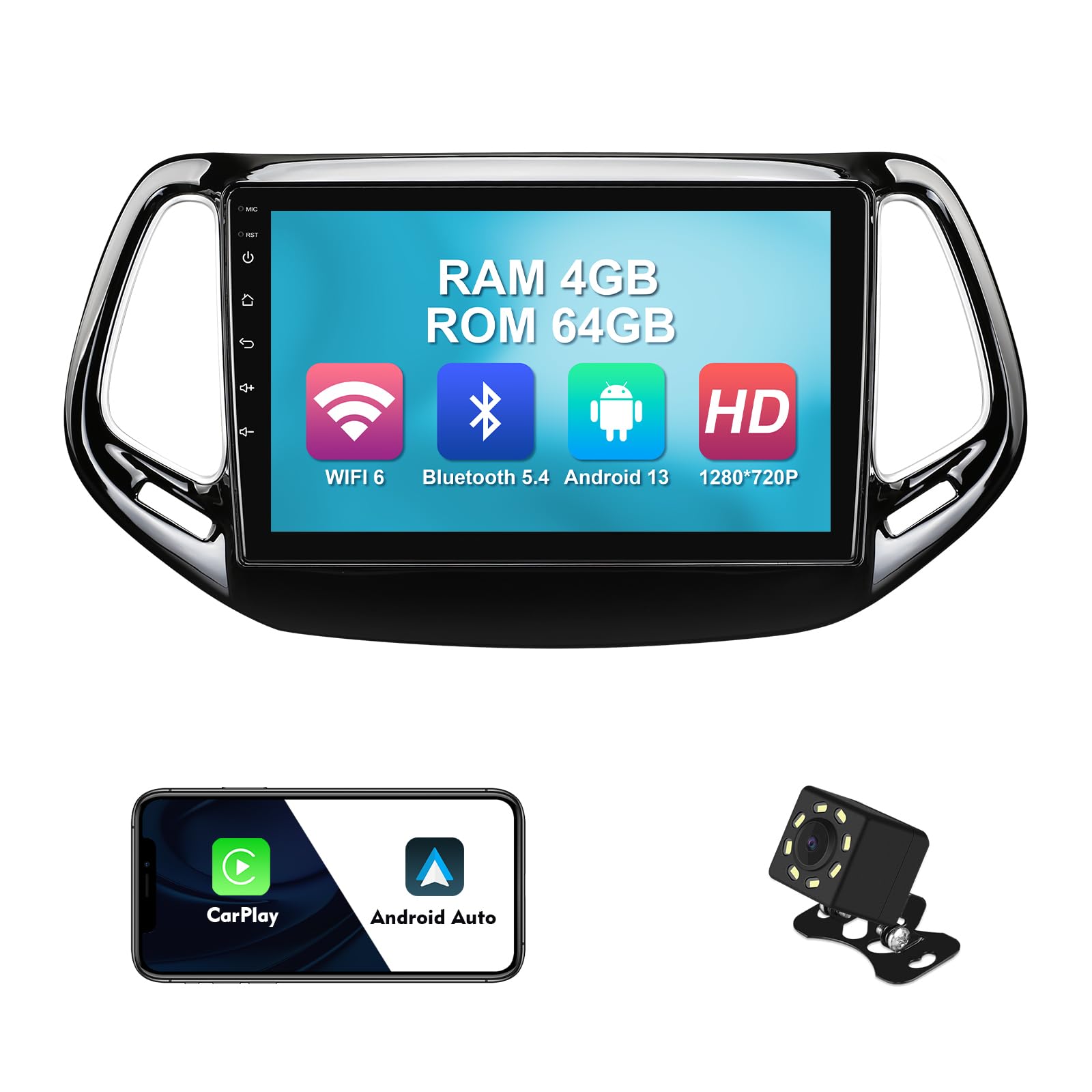 4+64G 10.1-inch Android 13 WiFi 6 Car Stereo for Jeep Compass 2 MP 2017-2019 IPS Touchscreen Screen Bluetooth 5.4 Car Radio with Carplay & Android