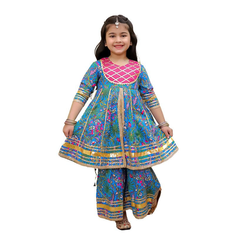 superminis Girls Cotton Floral Printed Gotta Work 3/4 Sleeves Sharara Suit Ethnic Wear Set