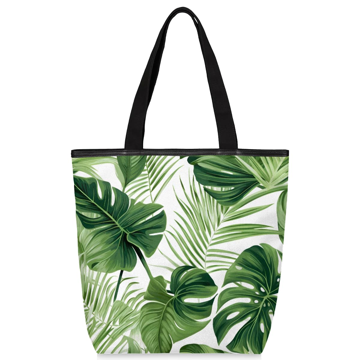 Mularoka Beautiful Tropical Plants Watercolour Canvas Tote Bag with Zipper and Pockets Canvas Tote Shopping Bag Women Reusable Grocery Bag for Beach Travel Gym Shopping