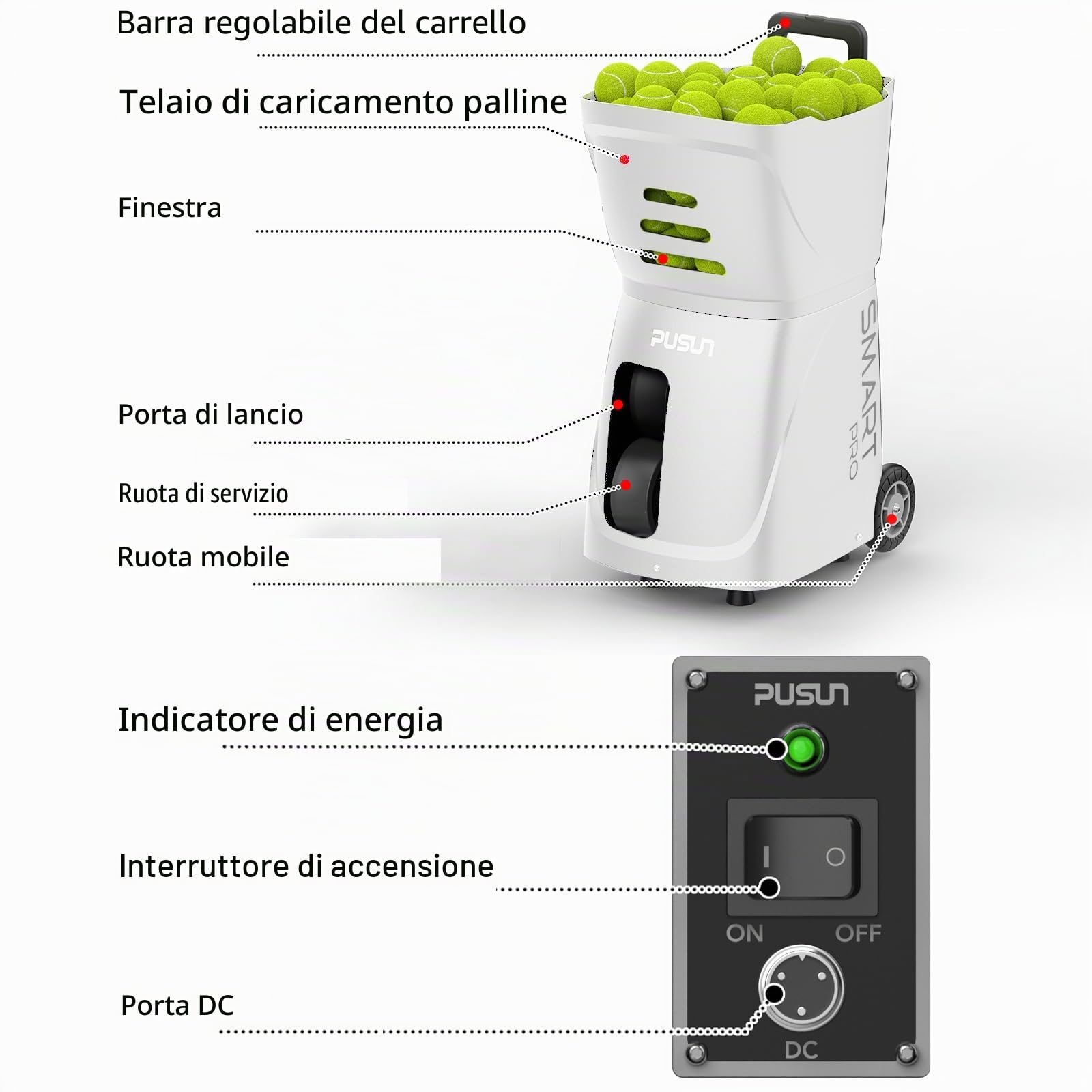 PT-SMARTPro - Macchina per palline da tennis professionale con controllo app, 20 punti di atterraggio e velocità variabile, per allenarsi con sistema multi-angolo (durata 4-6 ore)