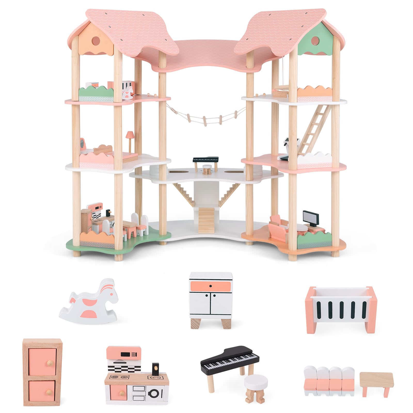 GOPLUS Casa de Muñecas de Madera de 3 Pisos Con 7 Habitaciones y 31 Piezas de Muebles, Encantador Juego Para Niños de 3+, Para Muñecos de 8-15 cm