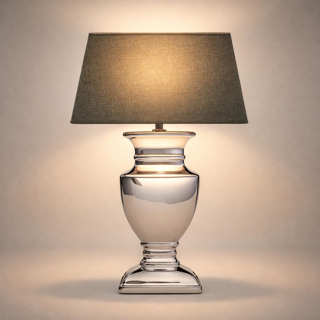 DRULINE Silver Lady Tischlampe Tischleuchte Lampe Keramik Grau Nachttischlampe Lampenfuß 53 cm