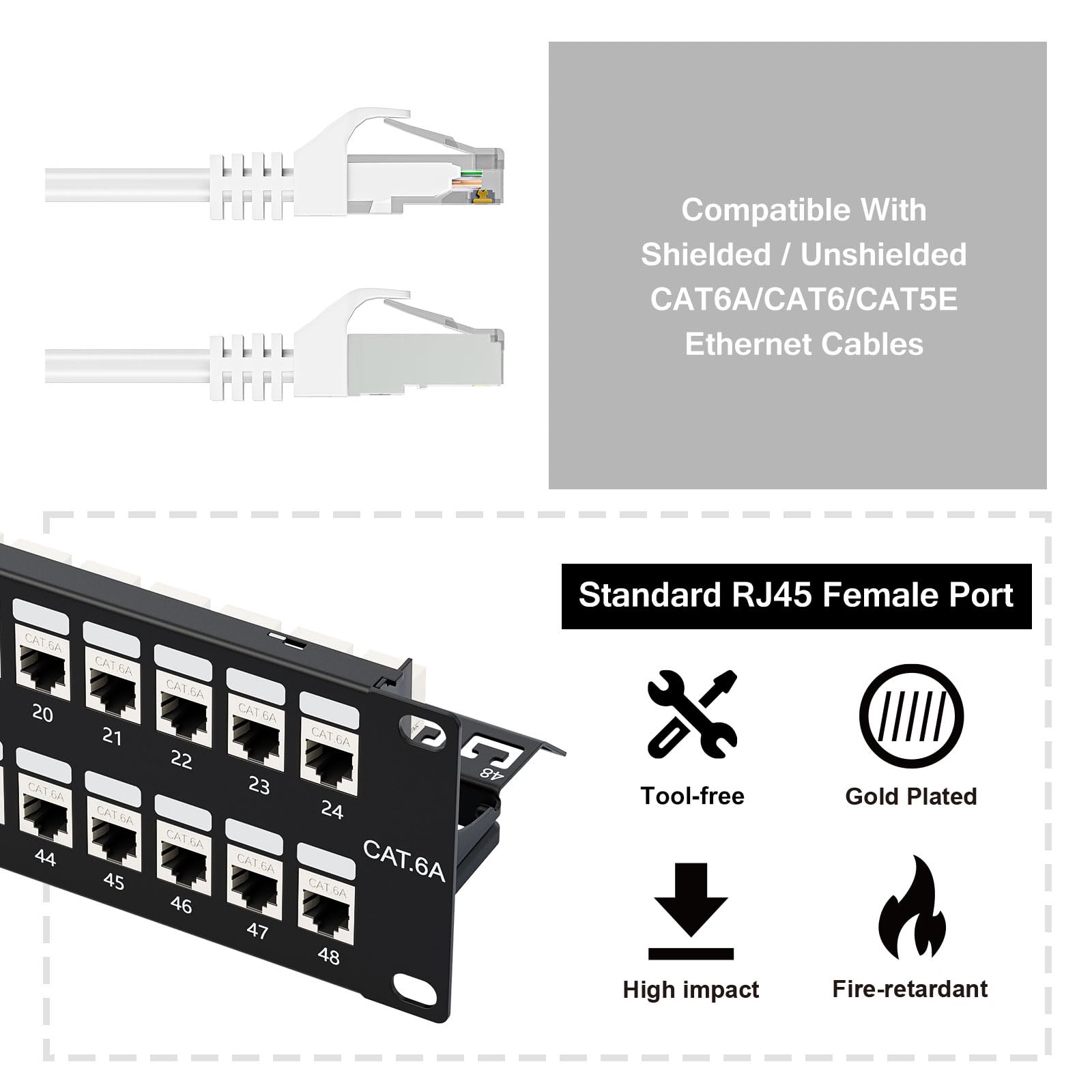 iwillink Panel de conexión de 10 Gbps de 48 puertos, RJ45 blindado a través de Cat6A, paneles de conexión STP de 19 pulgadas 2U con Keystone en línea y barra trasera extraíble