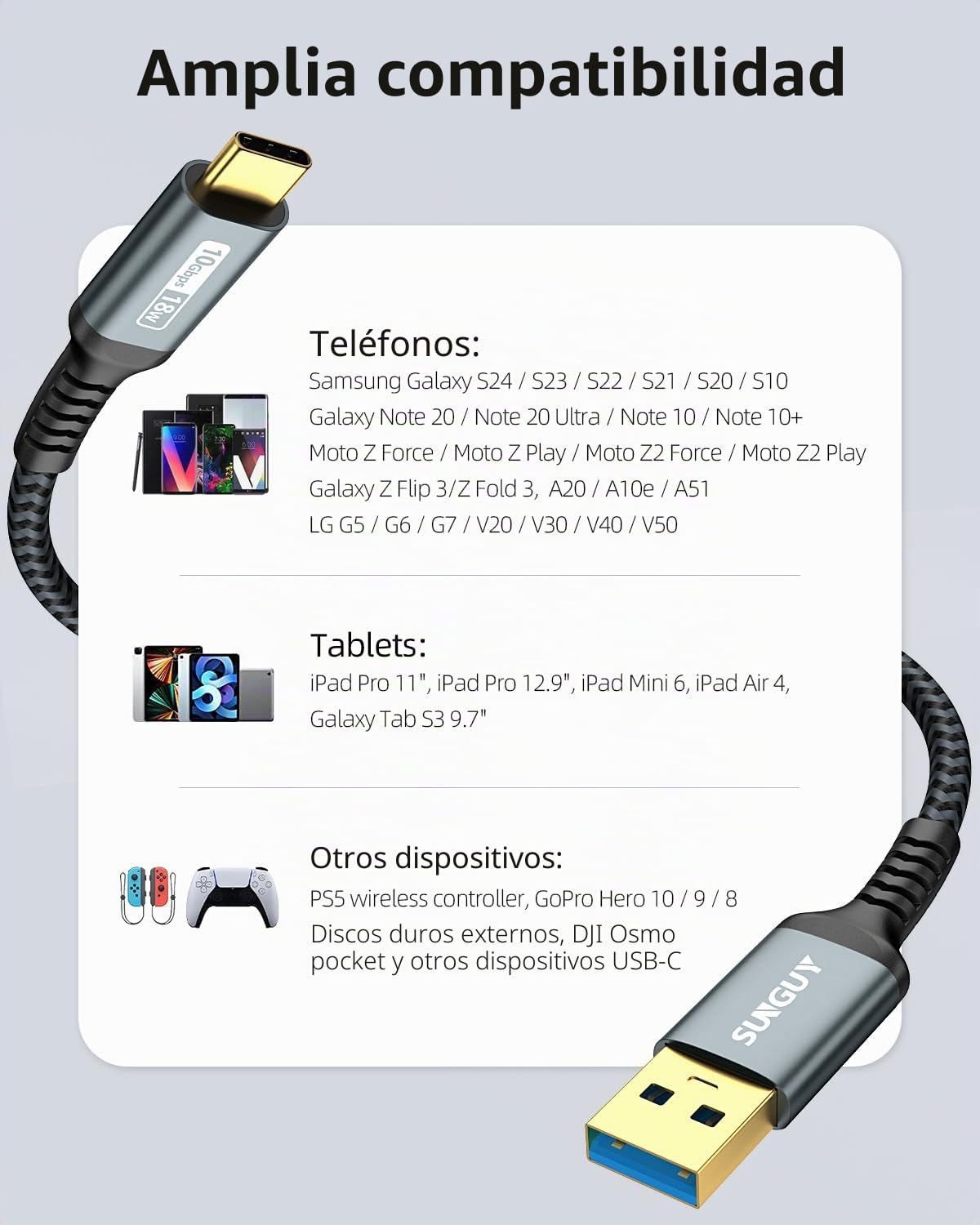 SUNGUY USB C Kabel, 0,5 m USB C auf U SB 10Gbps Typ C Kabel und Nylon geflochtenes Datenkabel Typ C kompatibel mit iPhone 17/16/15 Pro Max, Galaxy S25 S24 S23, Android Auto - Grau