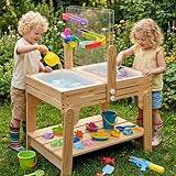 Water Table for Toddlers, Adjustable Height Wooden Sand and Water Table with 2 Collapsible Bins, Acrylic Activity Board, Water Track Toys & 16-Piece Play Set, Indoor Outdoor, Ages 3+