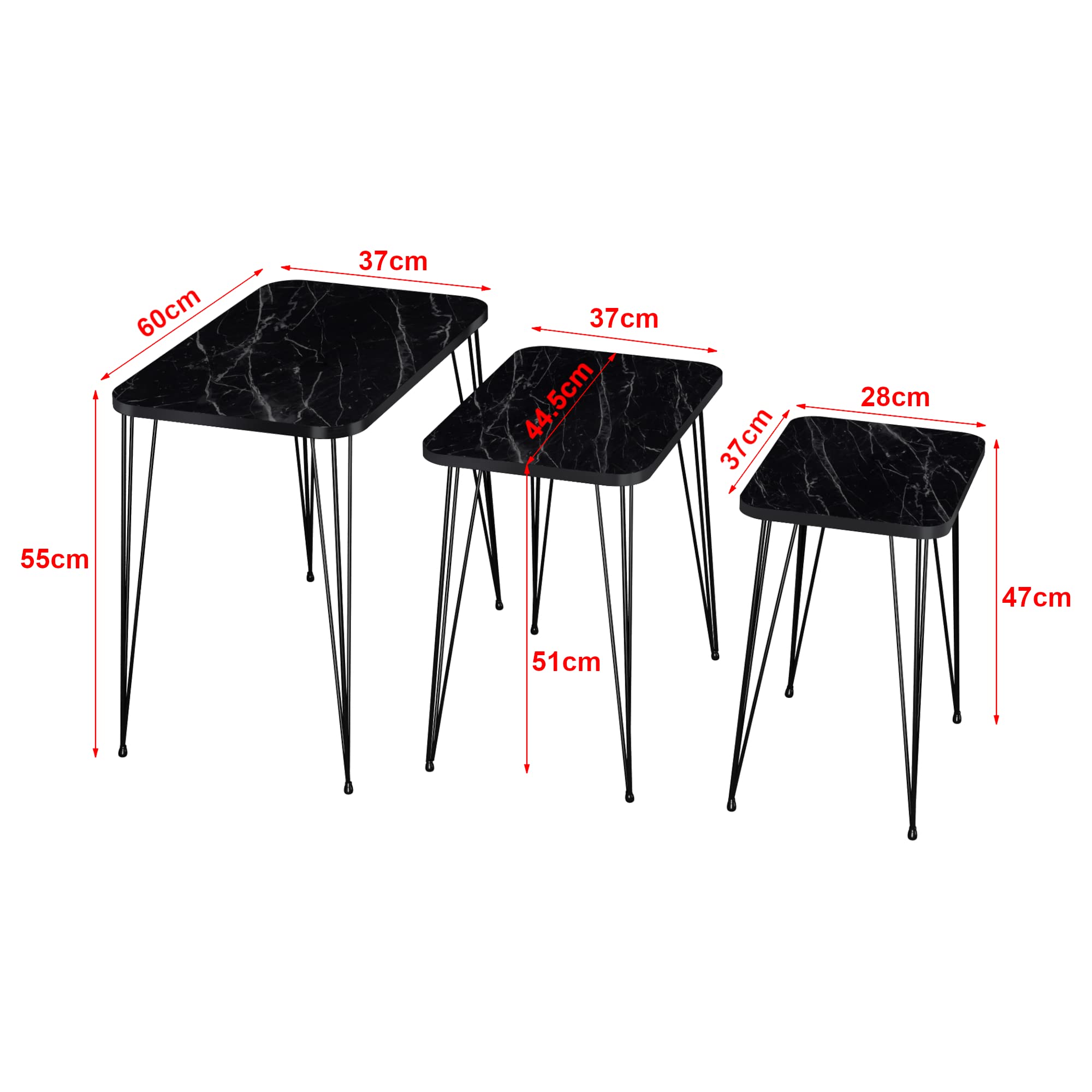 [en.casa] Set di 3 Tavolini Bassi da Divano - Tavolini Sovrapponibili in Dimensioni Diverse Gambe a Forcina in Metallo Piano Quadrato - Effetto Marmo Nero