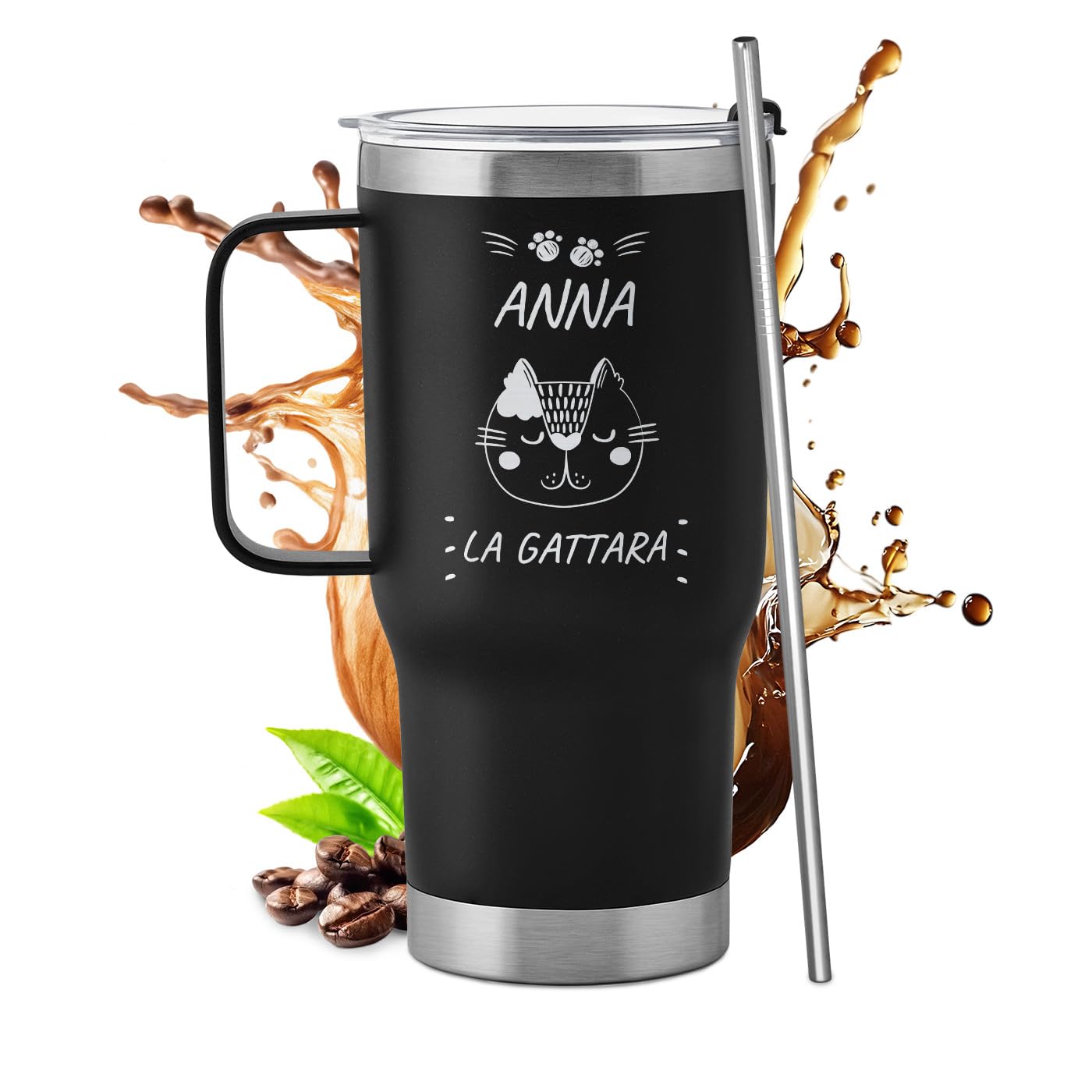 Maverton Tazza termica con manico e cannuccia 600 ml - Borraccia termica con cannuccia - Tazza personalizzata acciaio inox - Bicchiere termico con incisione nero - Idee regalo donna compleanno