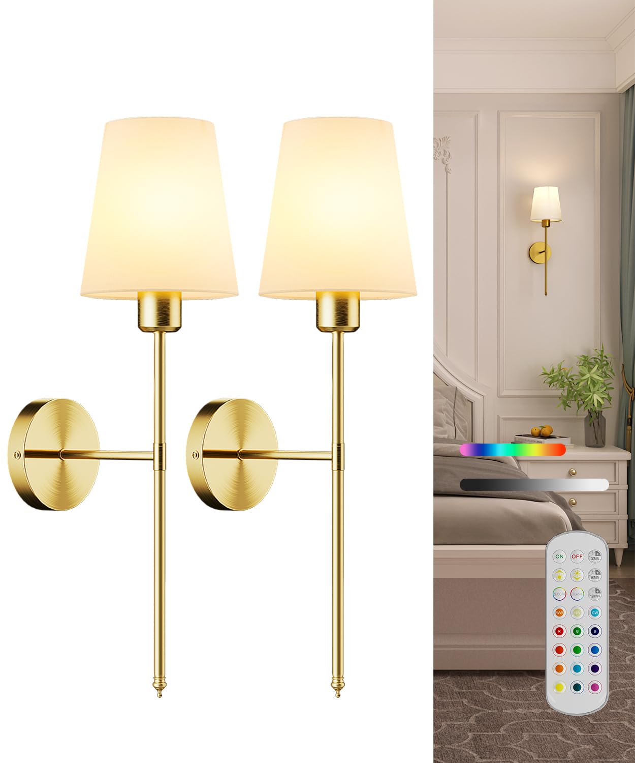 Battery Operated Wall Sconce Set of 2,Rechargeable Wall Lights with Dimmable Detachable Bulbs and Remote,15 Colors Wireless Wall Lamps for Bedroom Living Room Hallway,Gold(2 Pack)